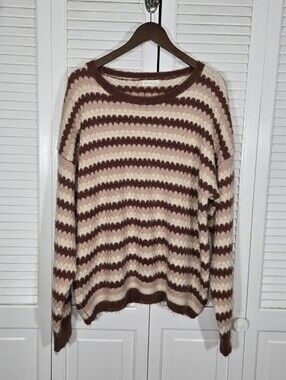 Rylee + Cru Aspen Multi Stripe Fuzzy Wavy Stripe Cream Tan Brown Crew Sweater XL